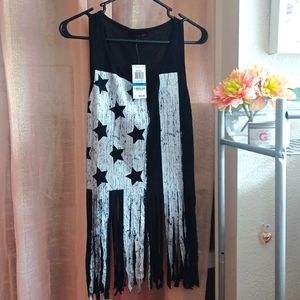 MATERIAL GIRL Sleeveless Flag Tank with Fringe Cut